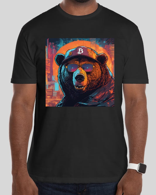 Una selección de camisetas negras con diseños inspirados en el Bear Market y las criptomonedas, ideales para expresar tu resiliencia y espíritu durante los períodos bajistas del mercado de criptomonedas de una manera creativa y llamativa.
