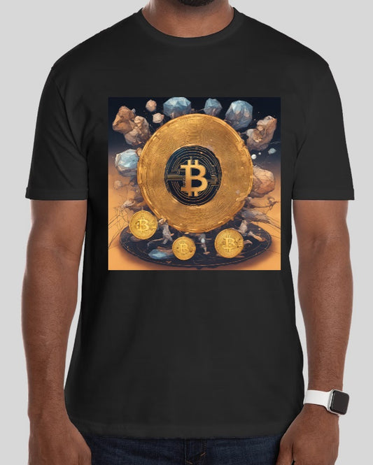 Bitcoin and cryptocurrency-themed Black T-shirts displayed in various designs and colors, representing the intersection of fashion and digital currency.