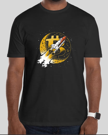 A collection of Black T-shirts featuring vibrant designs inspired by cryptocurrencies, including Bitcoin, with a prominent 'Bitcoin to the Moon' motif, symbolizing the aspirations of crypto enthusiasts.
