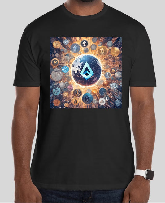 "Una selección de camisetas negras con diseños inspirados en la Blockchain Revolution y criptomonedas, perfectas para expresar tu pasión por la tecnología blockchain y las monedas digitales.