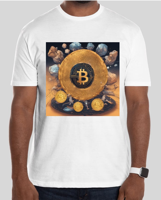 Bitcoin and cryptocurrency-themed White T-shirts displayed in various designs and colors, representing the intersection of fashion and digital currency.