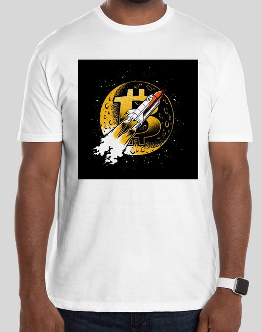 A collection of White T-shirts featuring vibrant designs inspired by cryptocurrencies, including Bitcoin, with a prominent 'Bitcoin to the Moon' motif, symbolizing the aspirations of crypto enthusiasts.
