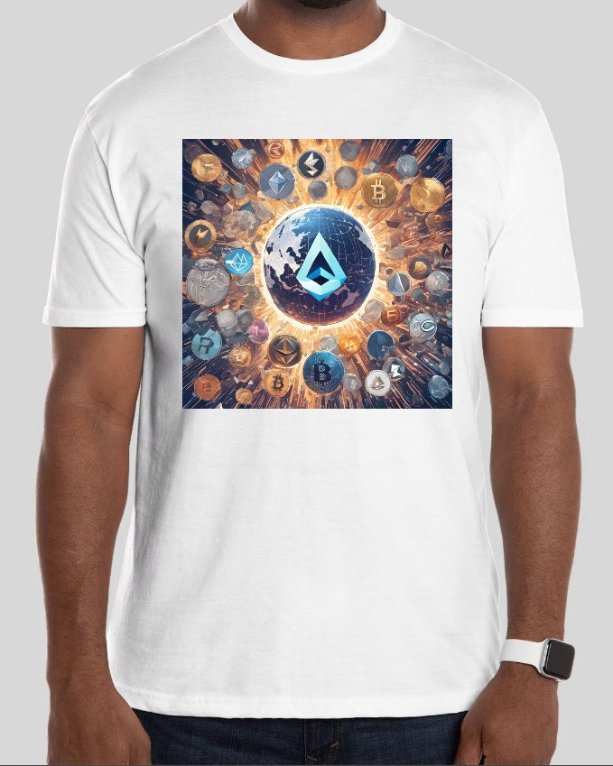Una selección de camisetas blancas con diseños inspirados en la Blockchain Revolution y criptomonedas, perfectas para expresar tu pasión por la tecnología blockchain y las monedas digitales.