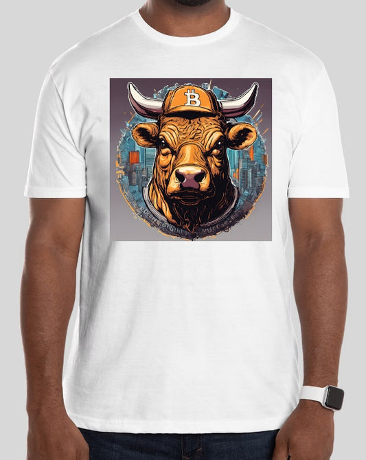 Una selección de camisetas blancas con diseños inspirados en el Bull Run y las criptomonedas, ideales para expresar tu entusiasmo y participación en los mercados alcistas de criptomonedas de una manera creativa y llamativa.