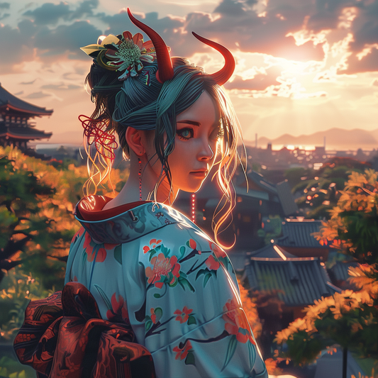 Camiseta con diseño japonés, mujer en kimono y paisaje de castillo al atardecer, Modelo 1