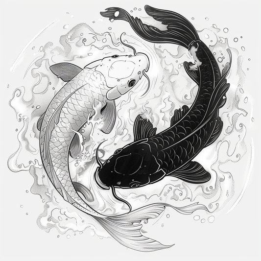 Camiseta con diseño de dos peces koi, uno blanco y otro negro, nadando en círculos y persiguiendo las colas del otro, evocando el símbolo del yin y el yang.